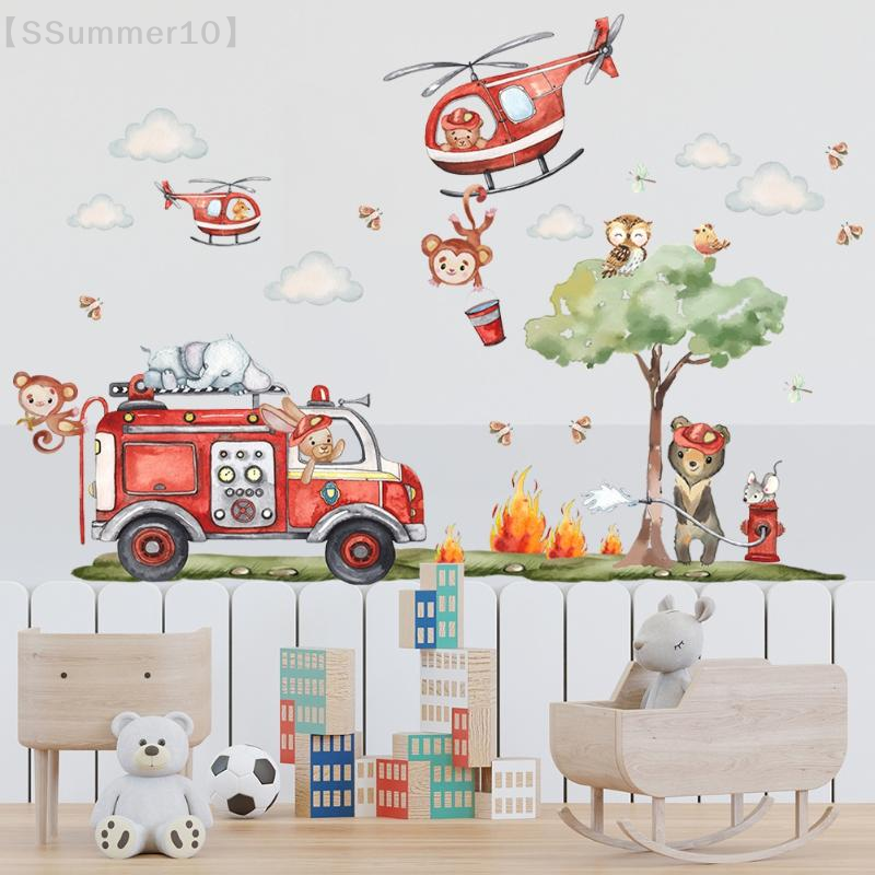Baby Nursery Wallpaper - 【SSummer10】Cartoon Animal Fire Fighting Truck Children