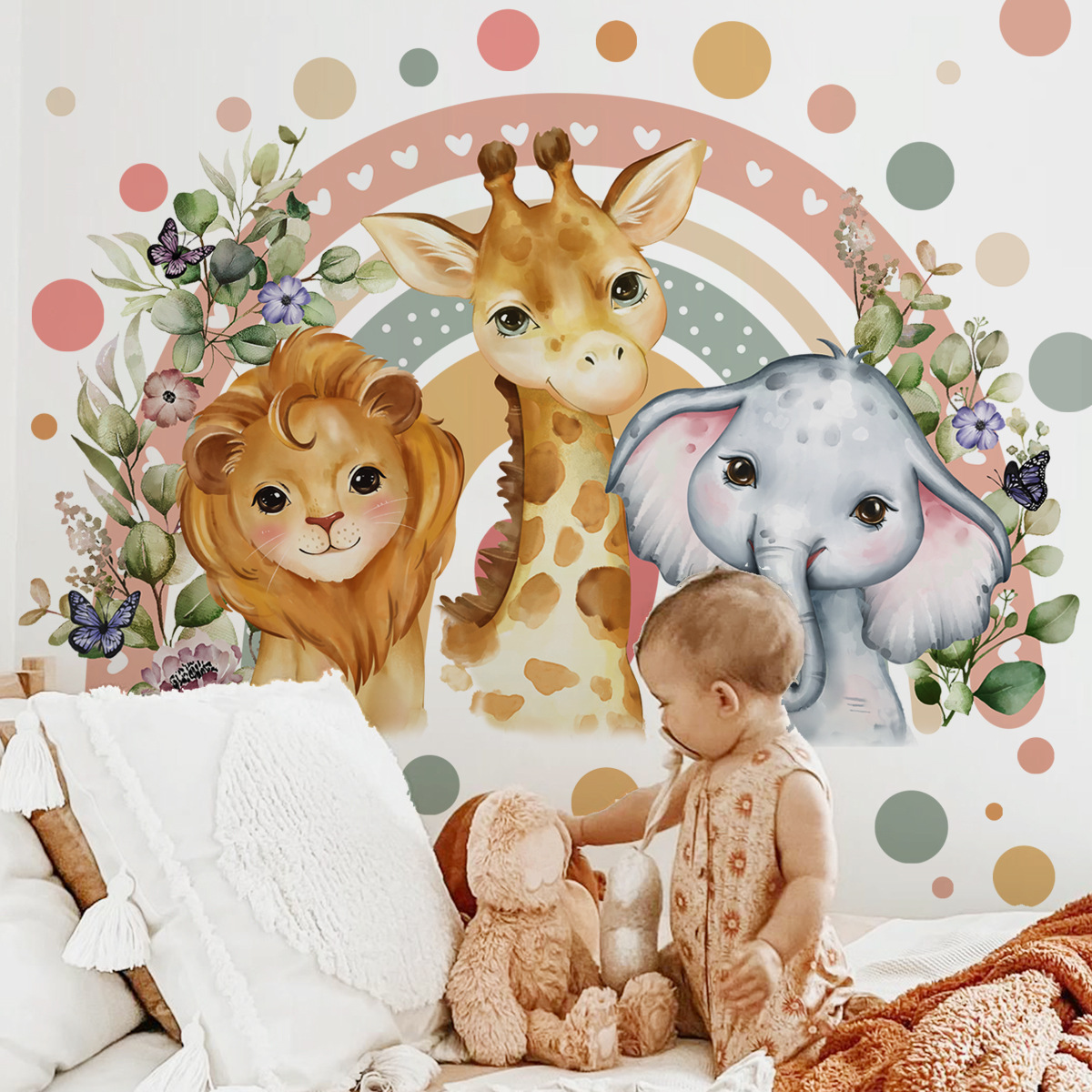 Baby Nursery Jungle Wallpaper - Cartoon Jungle Animals Leaves Wall Stickers