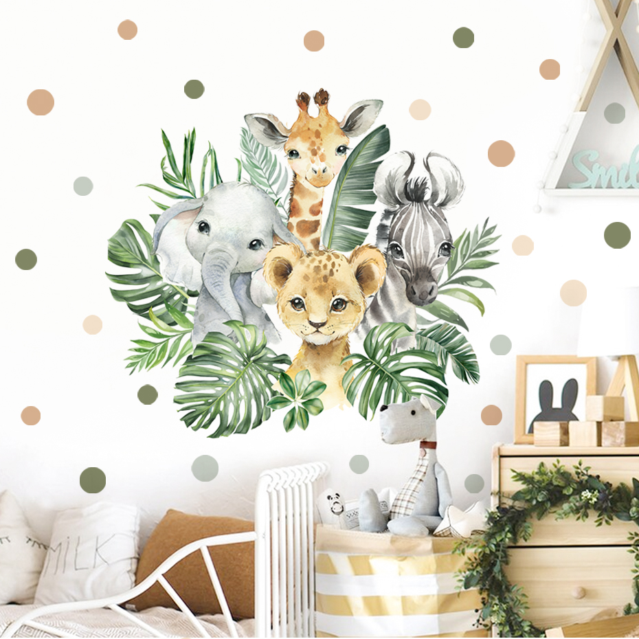 Baby Nursery Wallpaper - Cartoon Jungle Animals Leaves Watercolor Vinyl