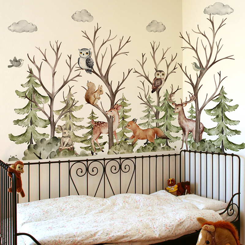 Baby Nursery Jungle Wallpaper - Wild Forest Green Tree Animals Wall