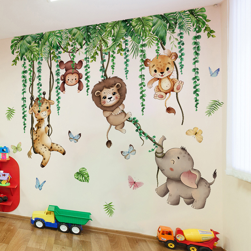 Baby Nursery Jungle Wallpaper - Large Jungle Safari Giraffe Monkey Leopard