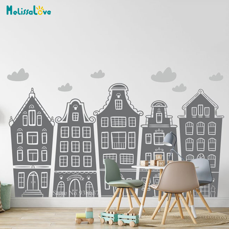 Baby Nursery Wallpaper - Scandinavian Houses & Clouds Decal Nursery