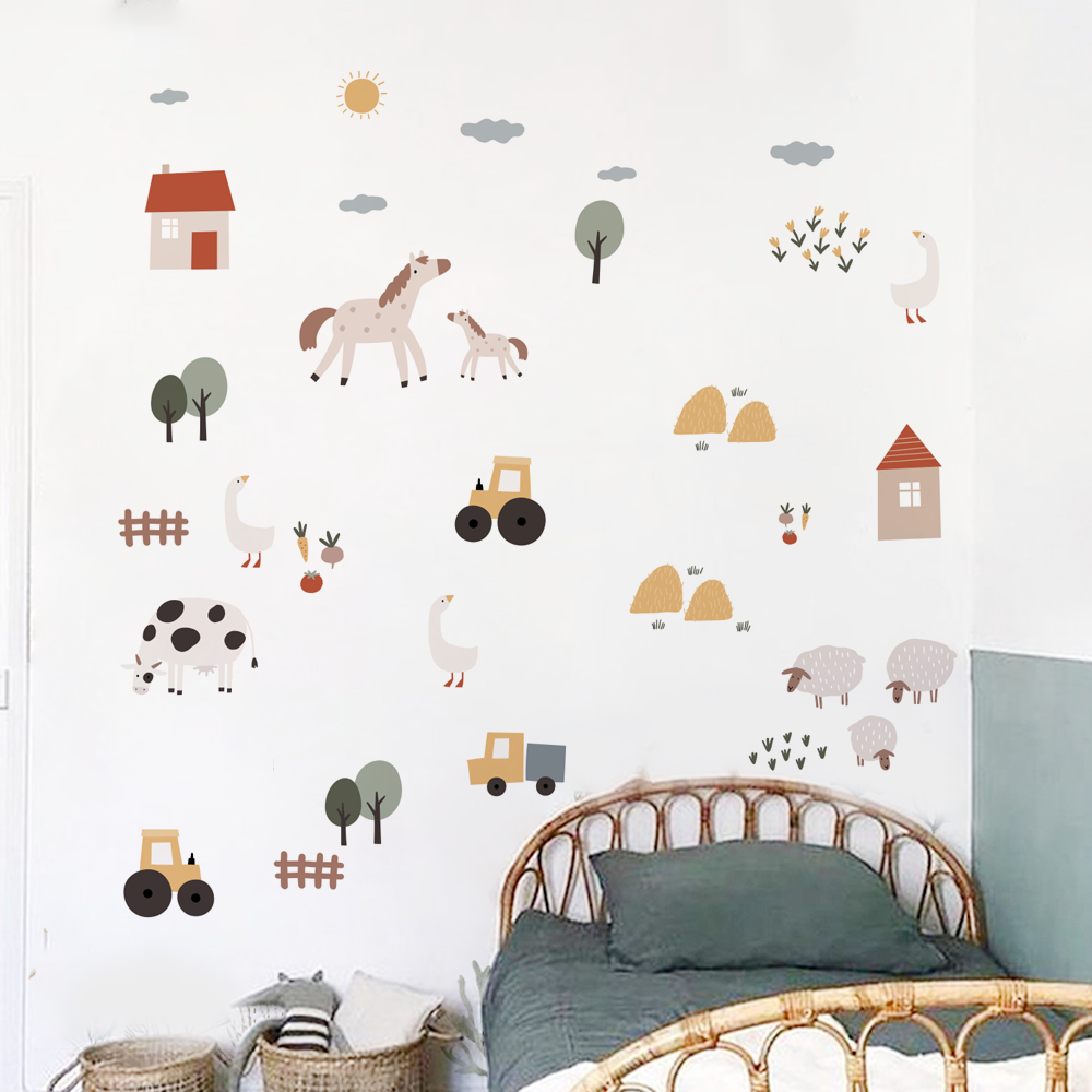 Baby Nursery Vinyl Wall Stickers - Boho Cartoon Cute Cows Farm Animal