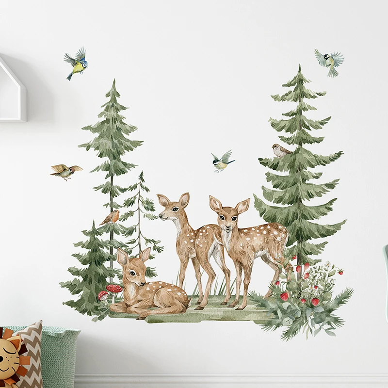 Baby Nursery Jungle Wallpaper - Cartoon Forest Animals Deer Bear Wall