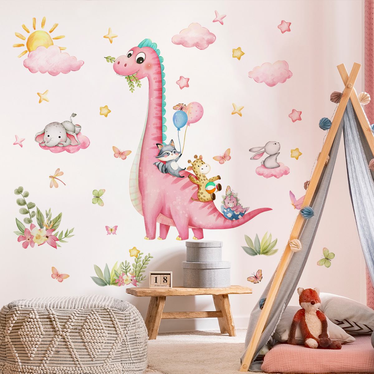 Large Cartoon Pink Dinosaur An - Baby Nursery Vinyl Wall Stickers 리뷰 및 가격