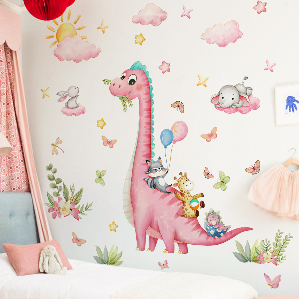 Large Cartoon Pink Dinosaur An - Baby Nursery Vinyl Wall Stickers 리뷰 및 가격