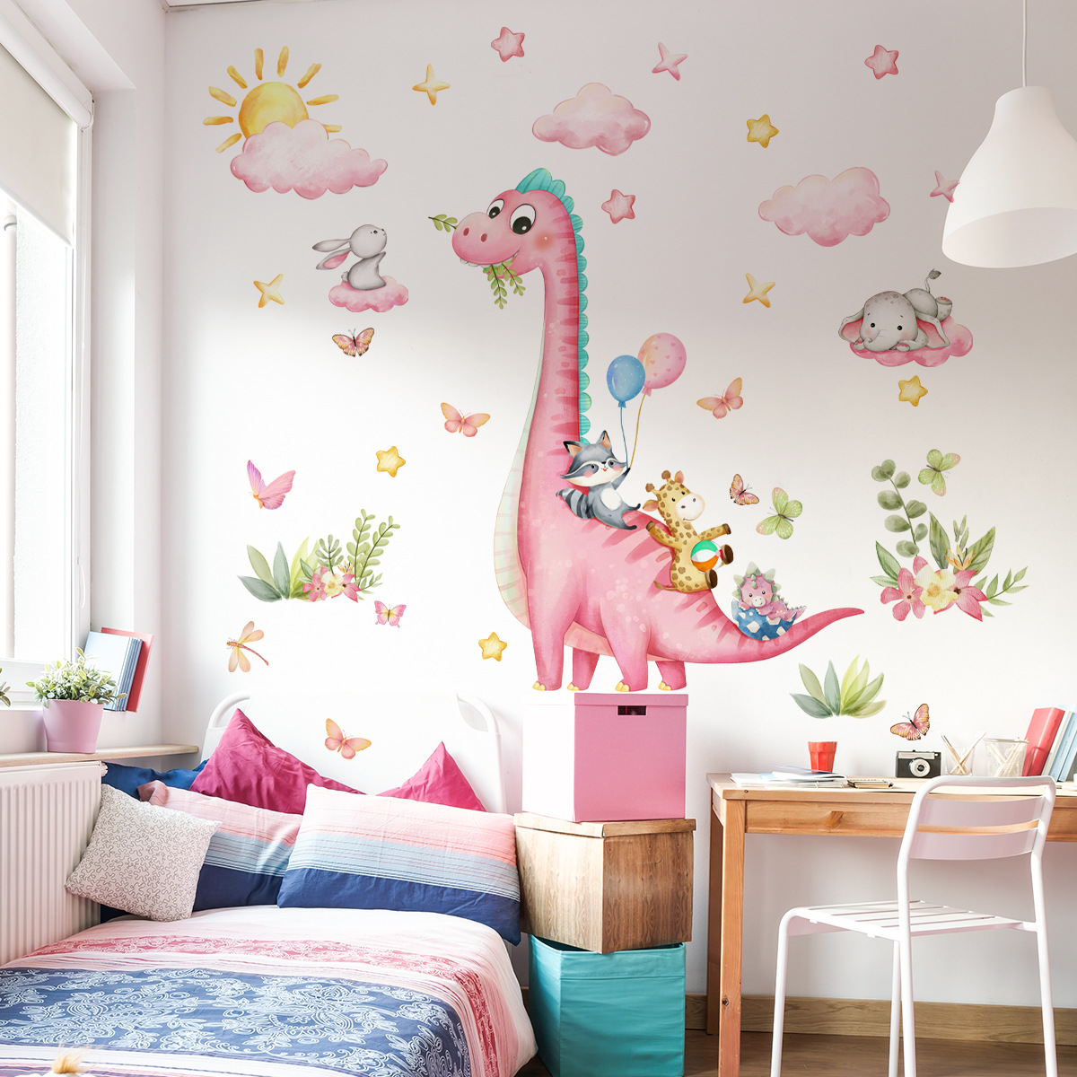 Large Cartoon Pink Dinosaur An - Baby Nursery Vinyl Wall Stickers 리뷰 및 가격