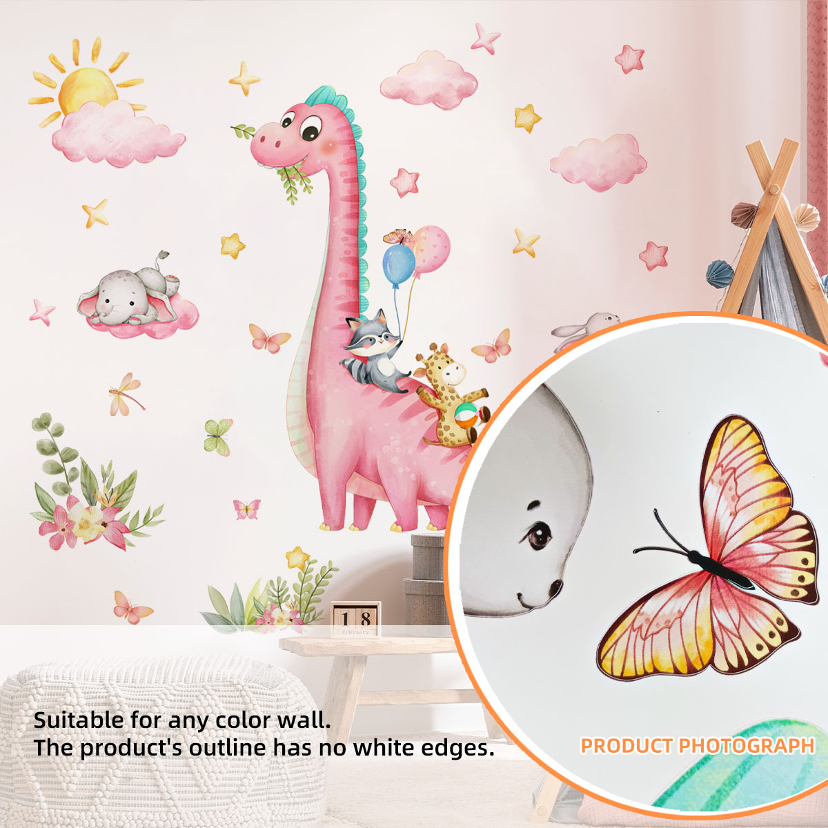 Large Cartoon Pink Dinosaur An - Baby Nursery Vinyl Wall Stickers 리뷰 및 가격