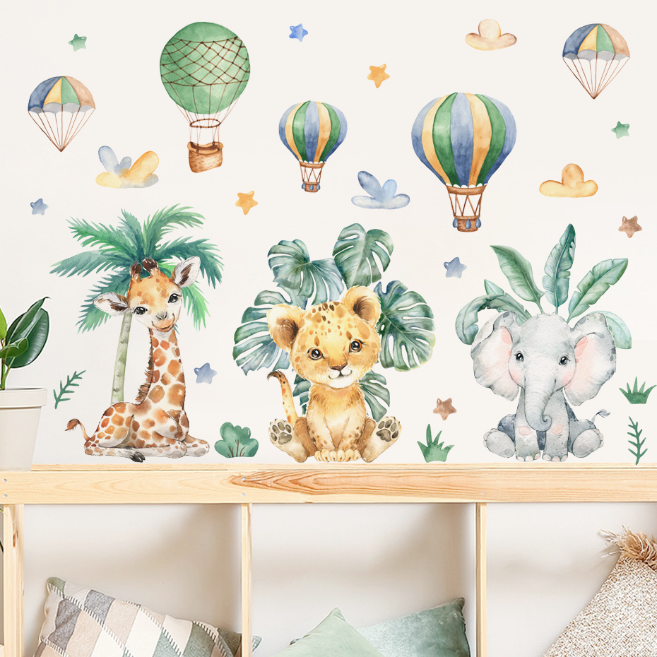 Cartoon Jungle Animals Leaves  - Baby Nursery Wallpaper 리뷰 및 가격