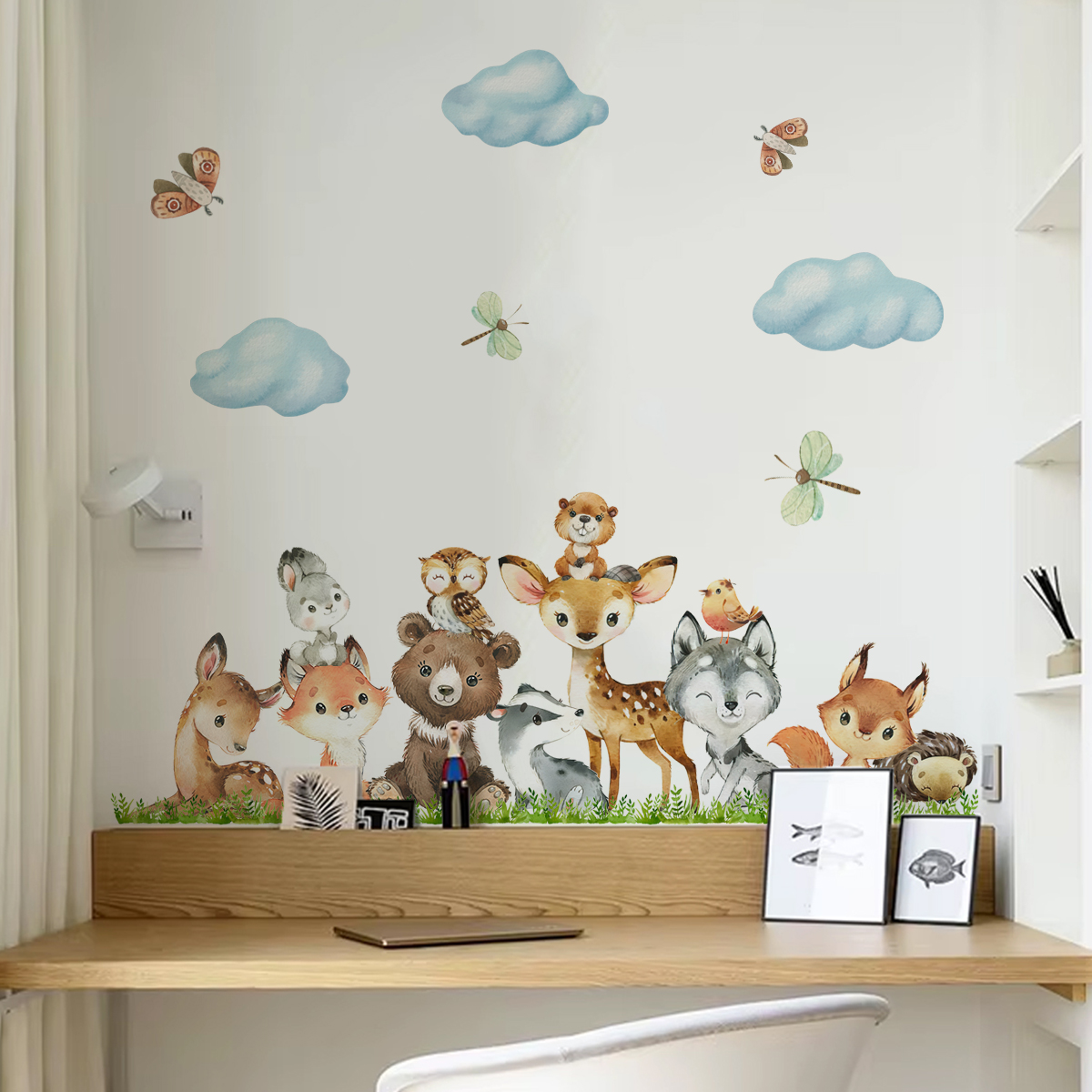 Cartoon Jungle Animals Leaves  - Baby Nursery Wallpaper 리뷰 및 가격