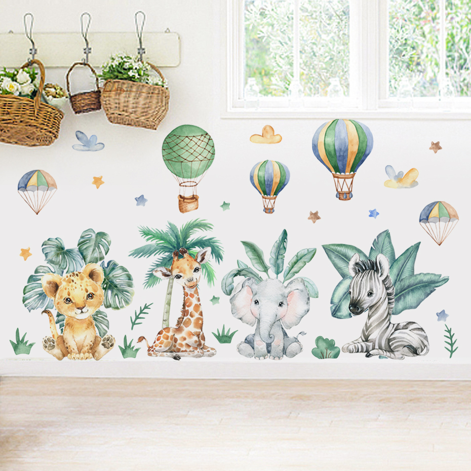 Cartoon Jungle Animals Leaves  - Baby Nursery Wallpaper 리뷰 및 가격