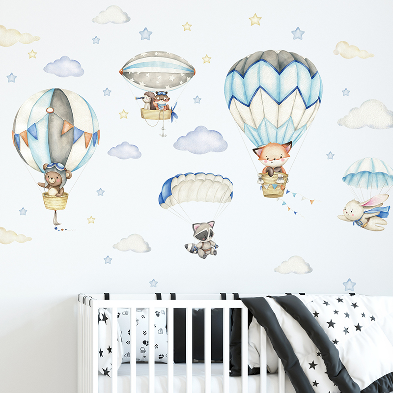 Cartoon Cute Animals Hot Air B - Baby Nursery Wallpaper 리뷰 및 가격