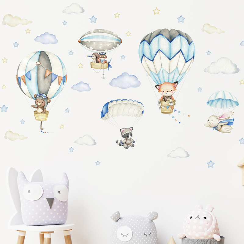 Cartoon Cute Animals Hot Air B - Baby Nursery Wallpaper 리뷰 및 가격