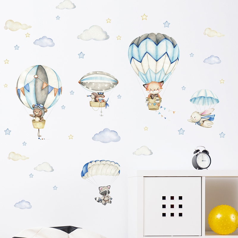 Cartoon Cute Animals Hot Air B - Baby Nursery Wallpaper 리뷰 및 가격