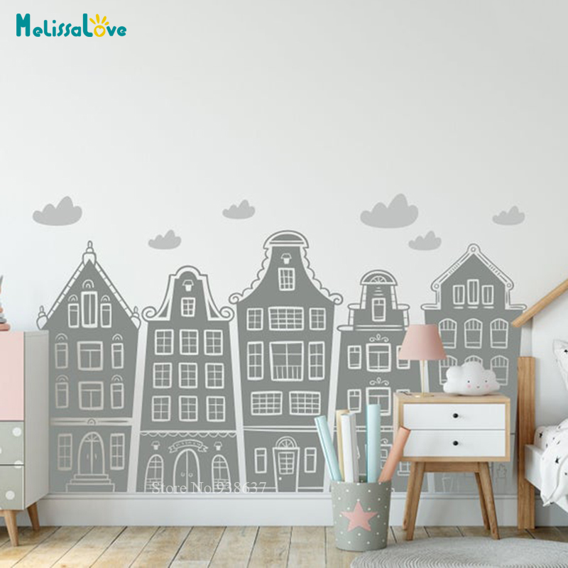 Scandinavian Houses & Clouds D - Baby Nursery Wallpaper 리뷰 및 가격