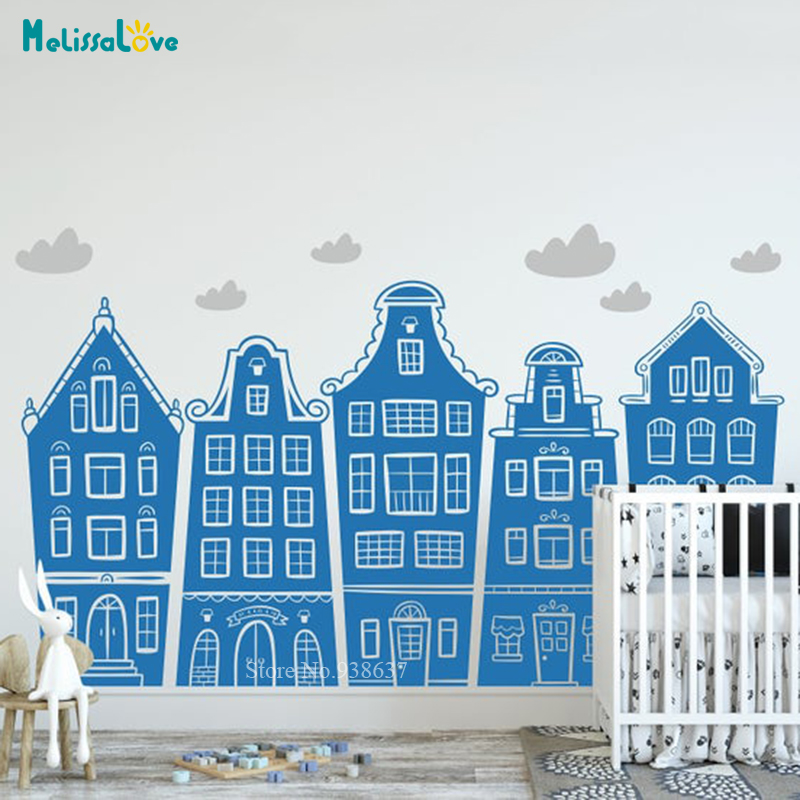 Scandinavian Houses & Clouds D - Baby Nursery Wallpaper 리뷰 및 가격