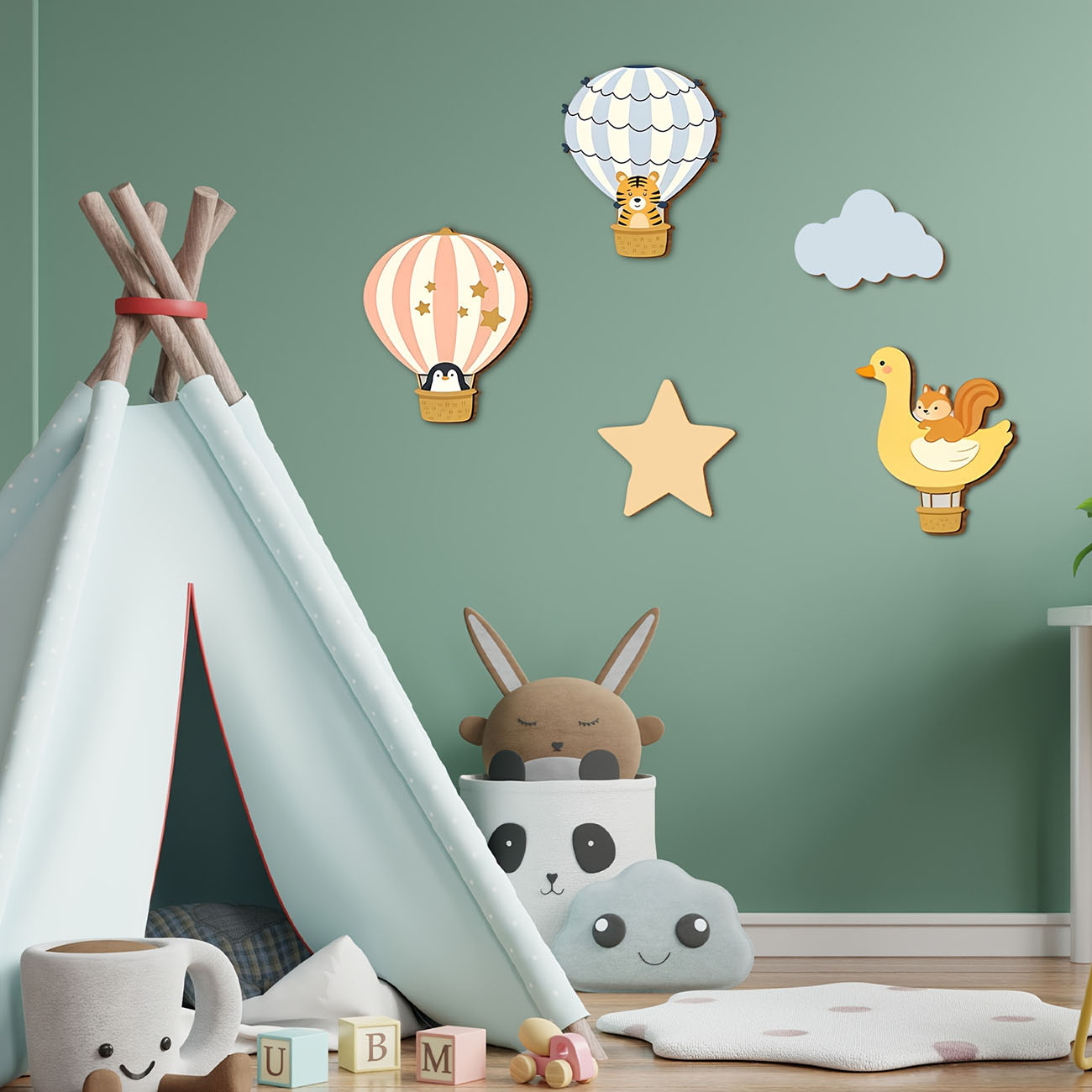 5Pcs Animal Hot Air Balloon Wo - Baby Nursery Wallpaper 리뷰 및 가격